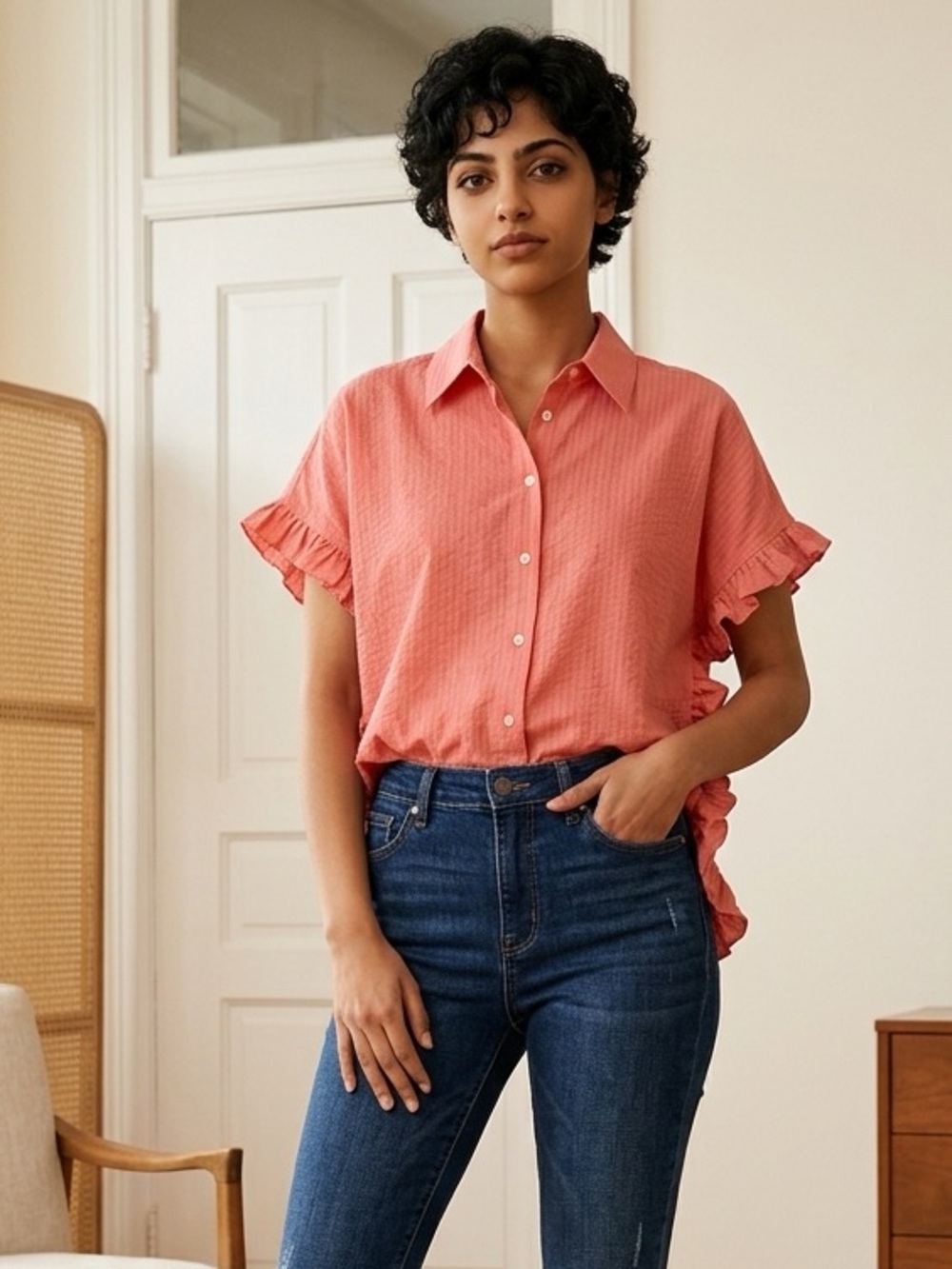 NWT Harshman Women’s Darcy Rose Pink Seersucker Ruffle Blouse Top Oversized- - Picture 8 of 14